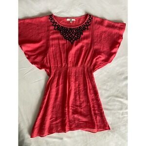 NEW Large Tunic Cover up Flutter Short Sleeves Coral with Navy Embroidery